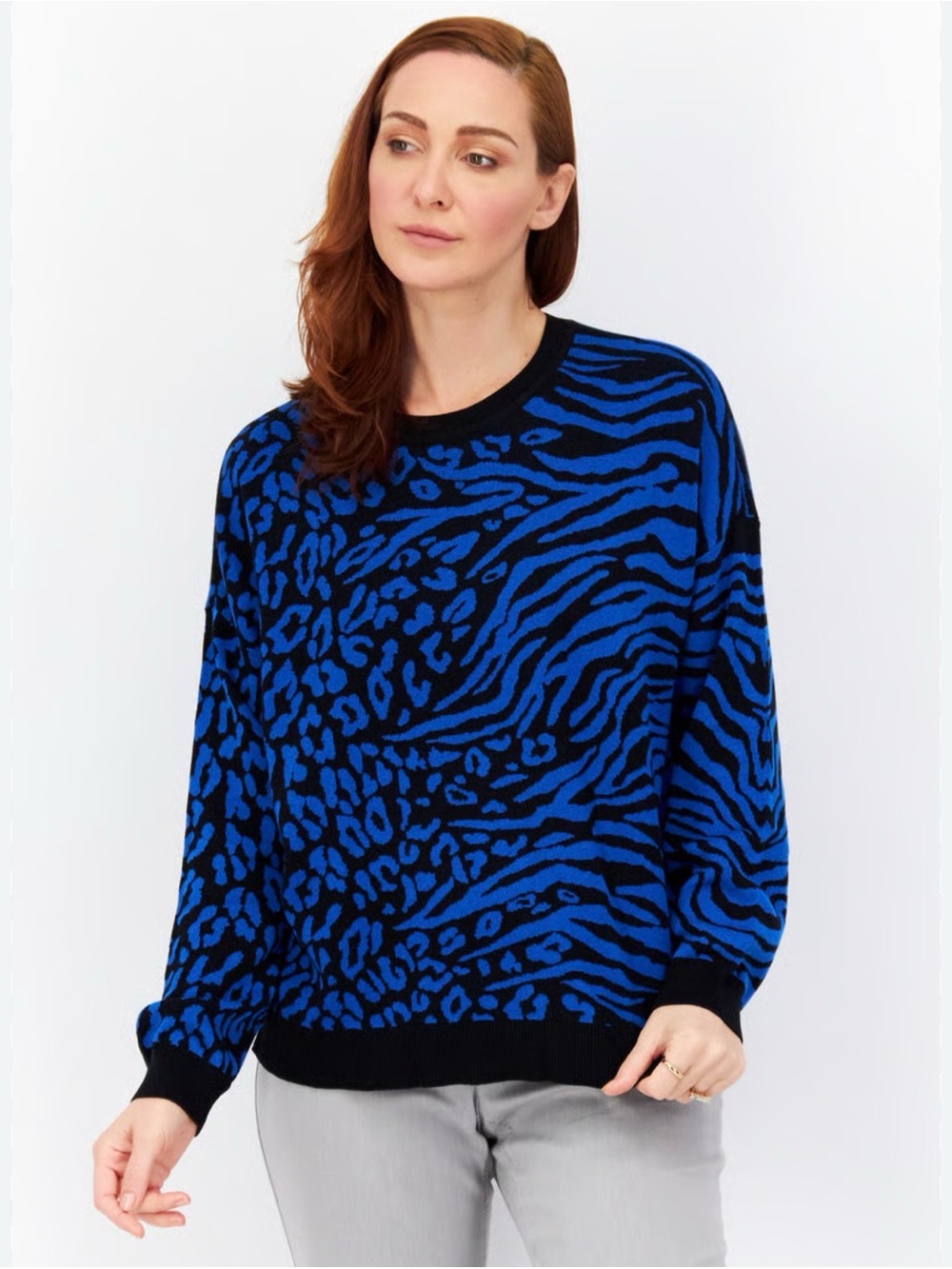 Bar III Blue and Black Animal-Print Crewneck Sweater